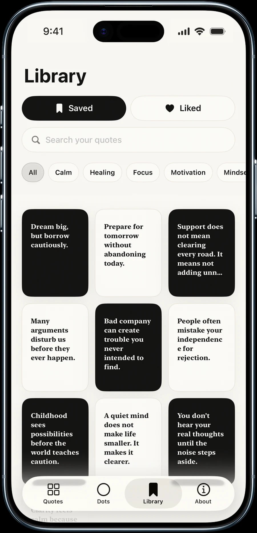 Saved and liked quotes in the DotQuot iPhone library