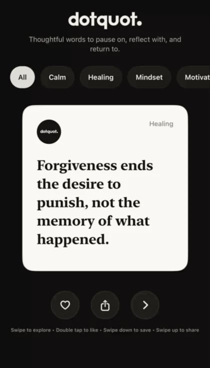 DotQuot moving from a Healing quote to the Dots calendar on iPhone